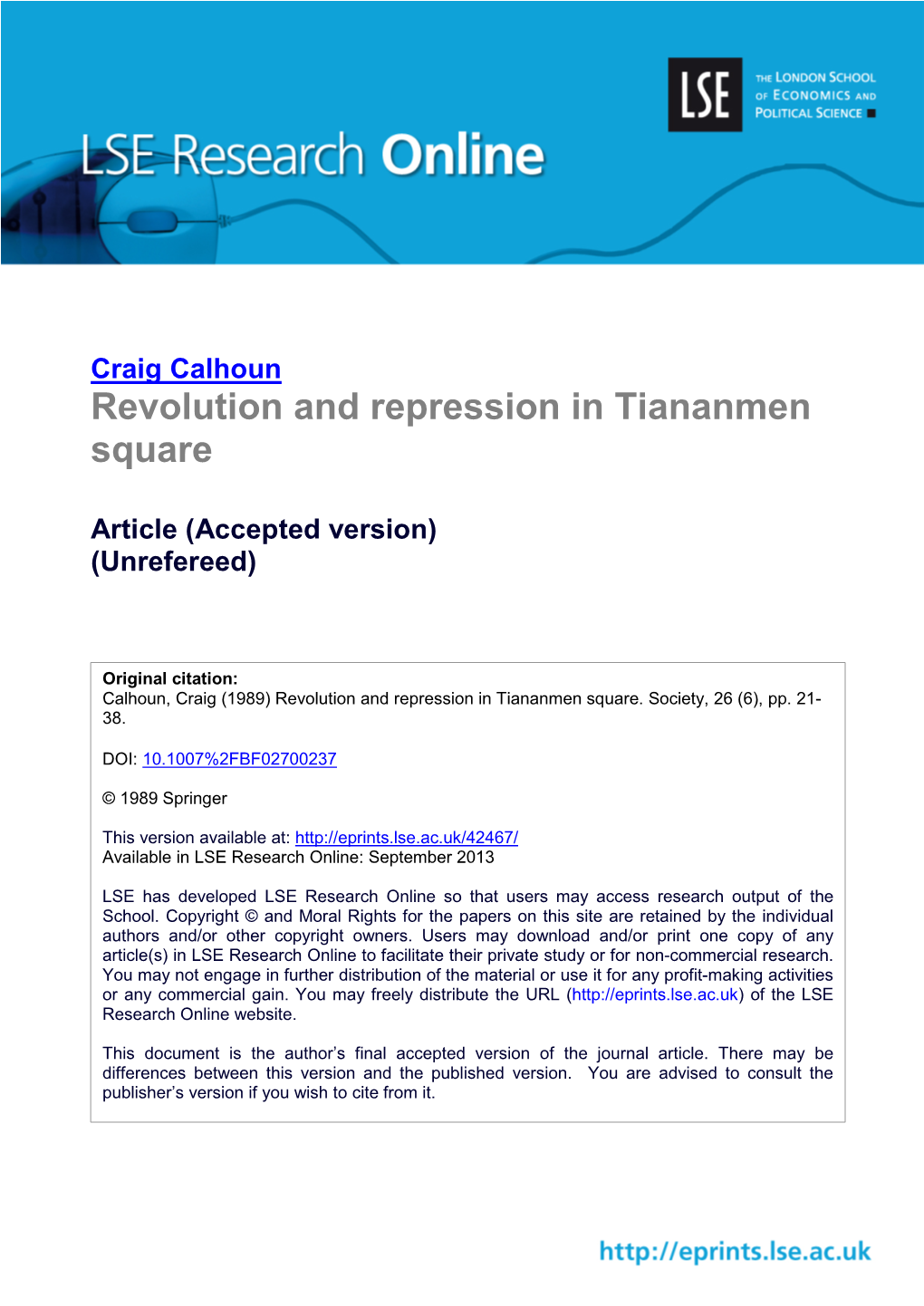 Revolution and Repression in Tiananmen Square