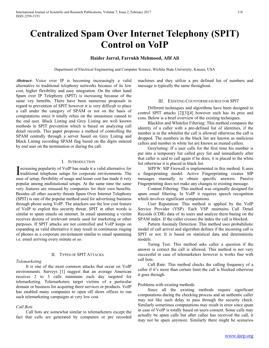 Centralized Spam Over Internet Telephony (SPIT) Control on Voip