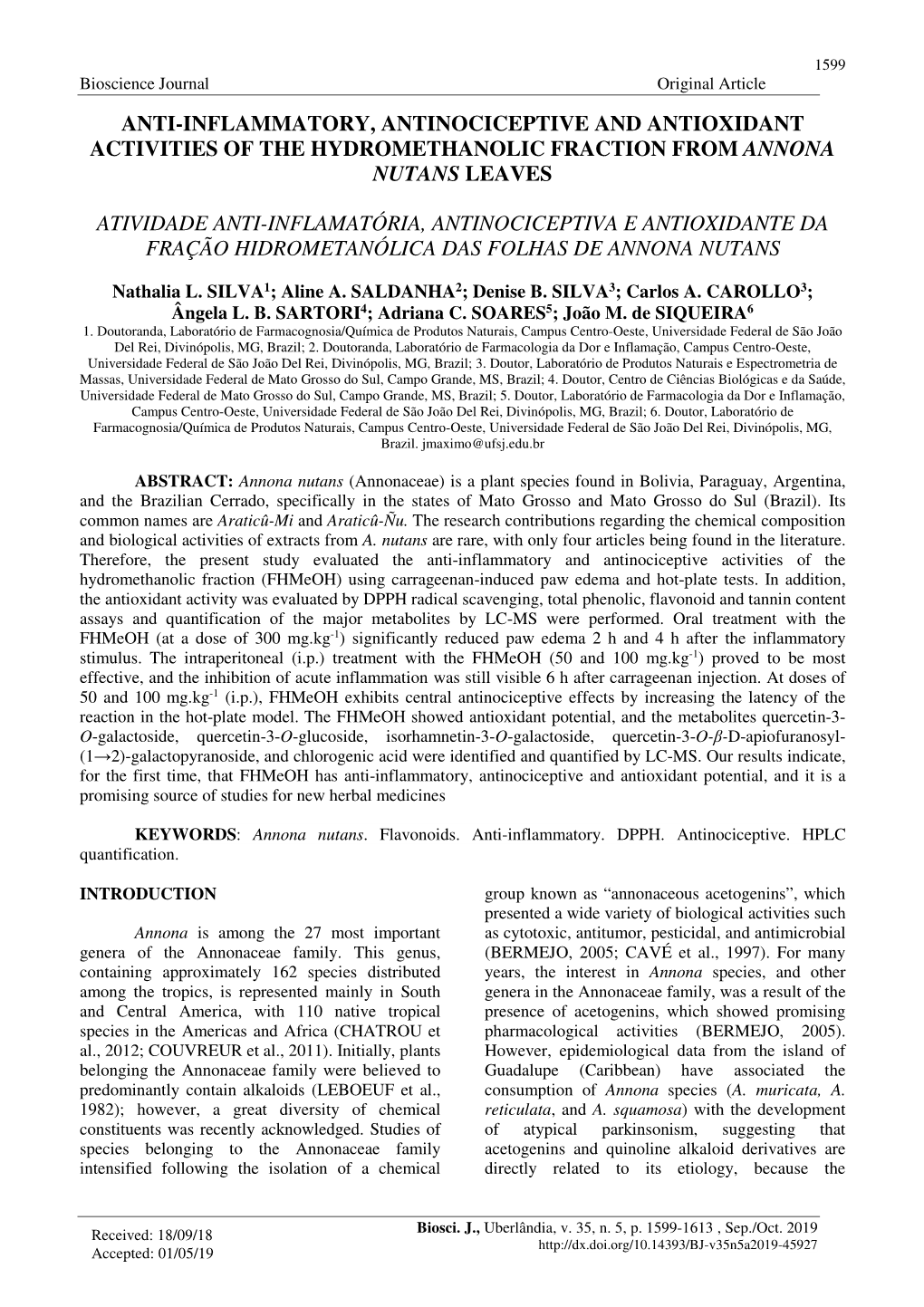 Anti-Inflammatory, Antinociceptive and Antioxidant Activities of the Hydromethanolic Fraction from Annona Nutans Leaves Atividad