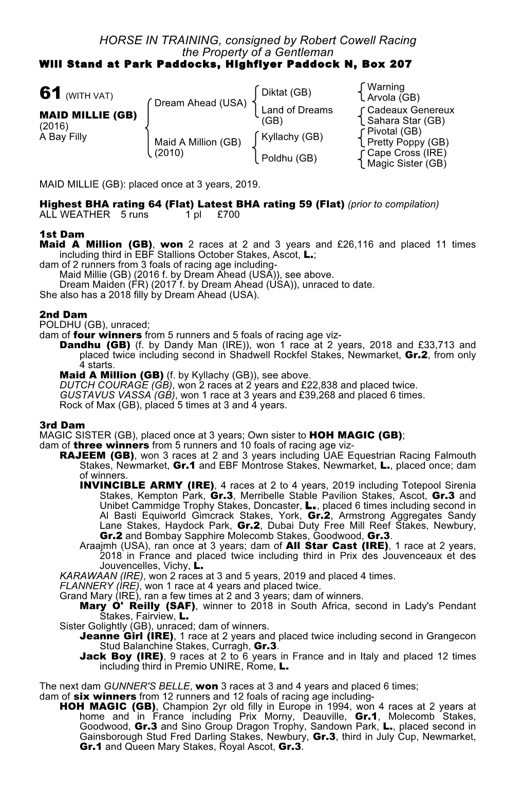 HORSE in TRAINING, Consigned by Robert Cowell Racing the Property of a Gentleman Will Stand at Park Paddocks, Highflyer Paddock N, Box 207