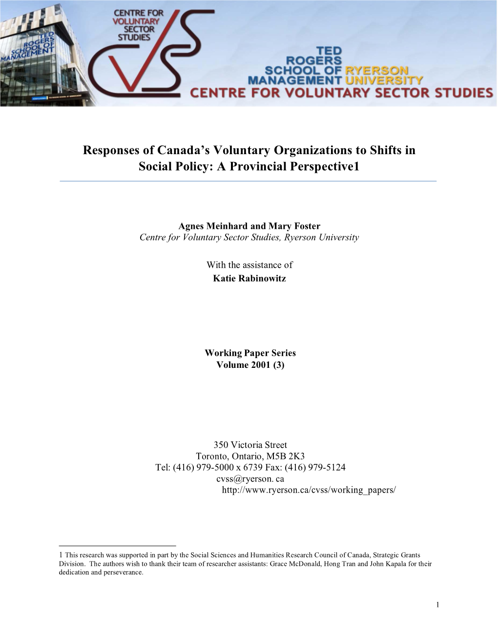 Responses of Canada=S Voluntary Organizations to Shifts in Social Policy