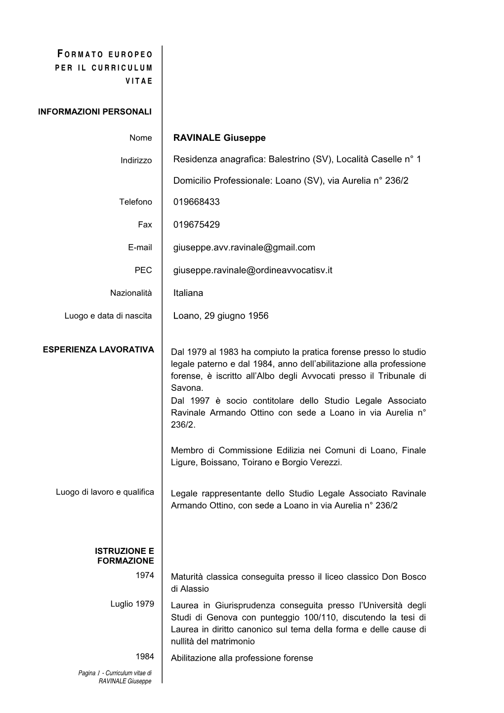 Curriculum Vitae Ravinale Giuseppe