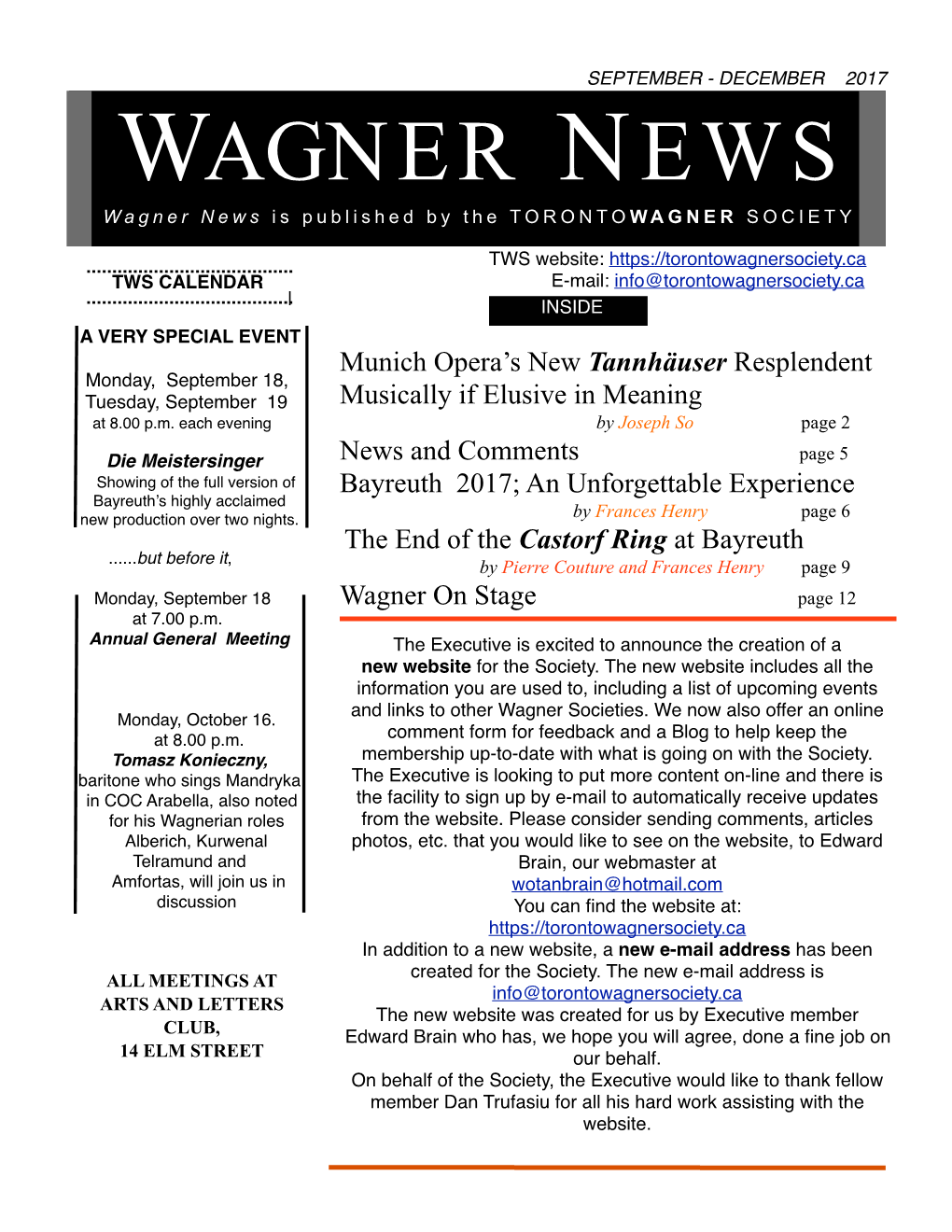 WAGNER NEWS Wagner News Is Published by the TORONTOWAGNER SOCIETY