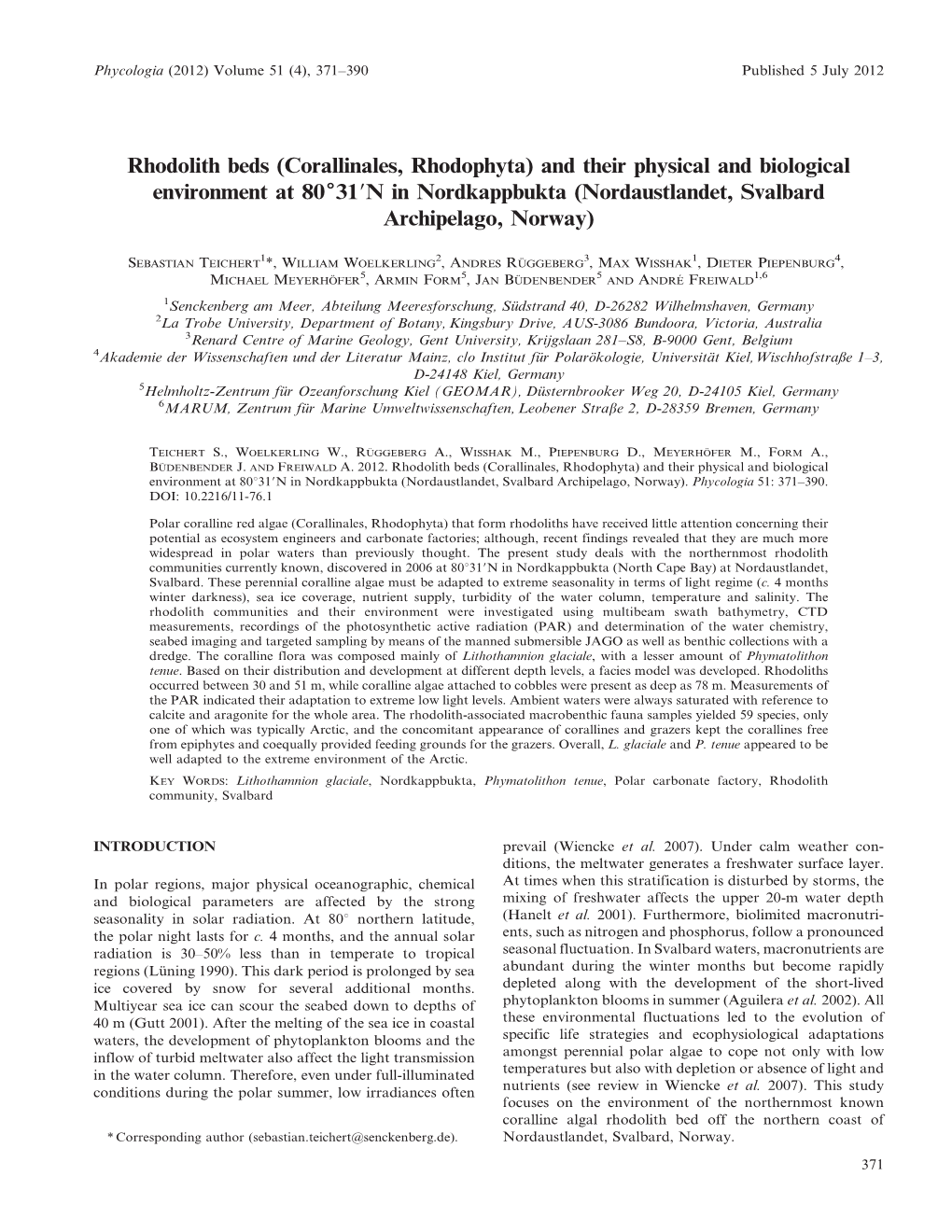 Rhodolith Beds (Corallinales, Rhodophyta) and Their Physical and Biological Environment at 806319N in Nordkappbukta (Nordaustlandet, Svalbard Archipelago, Norway)