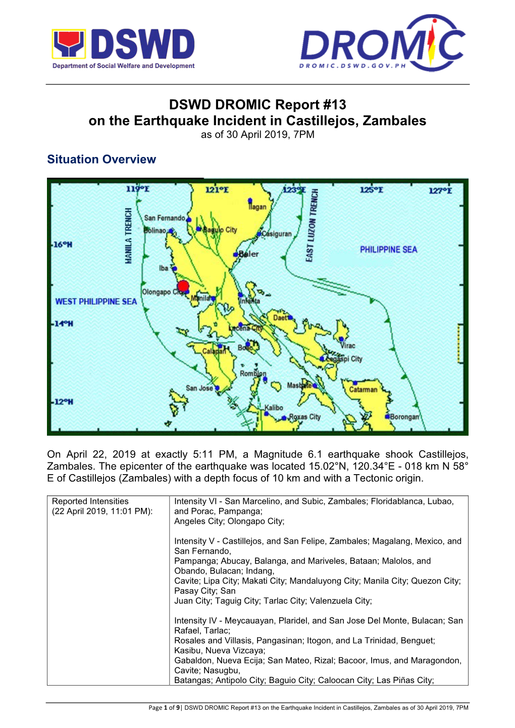 DSWD DROMIC Report #13 on the Earthquake Incident in Castillejos, Zambales As of 30 April 2019, 7PM