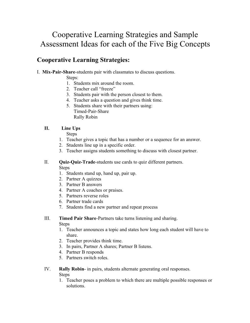 Cooperative Learning Strategies and Sample Assessment Ideas for Each of the Five Big Concepts