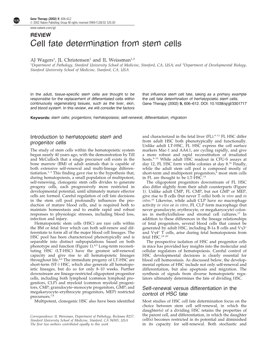 Cell Fate Determination from Stem Cells