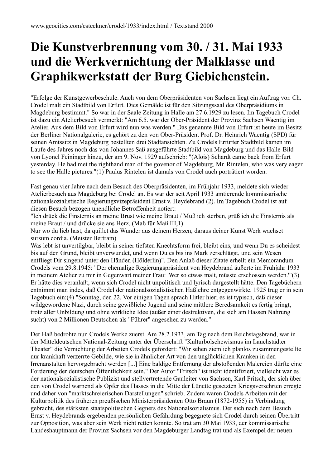 Die Kunstverbrennung Vom 30. / 31. Mai 1933 Und Die Werkvernichtung Der Malklasse Und Graphikwerkstatt Der Burg Giebichenstein