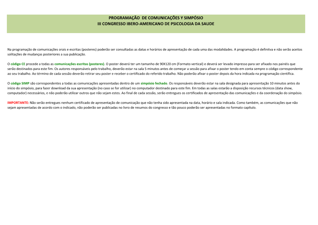 Programação De Comunicações Y Simpósio Iii Congresso Ibero-Americano De Psicologia Da Saude