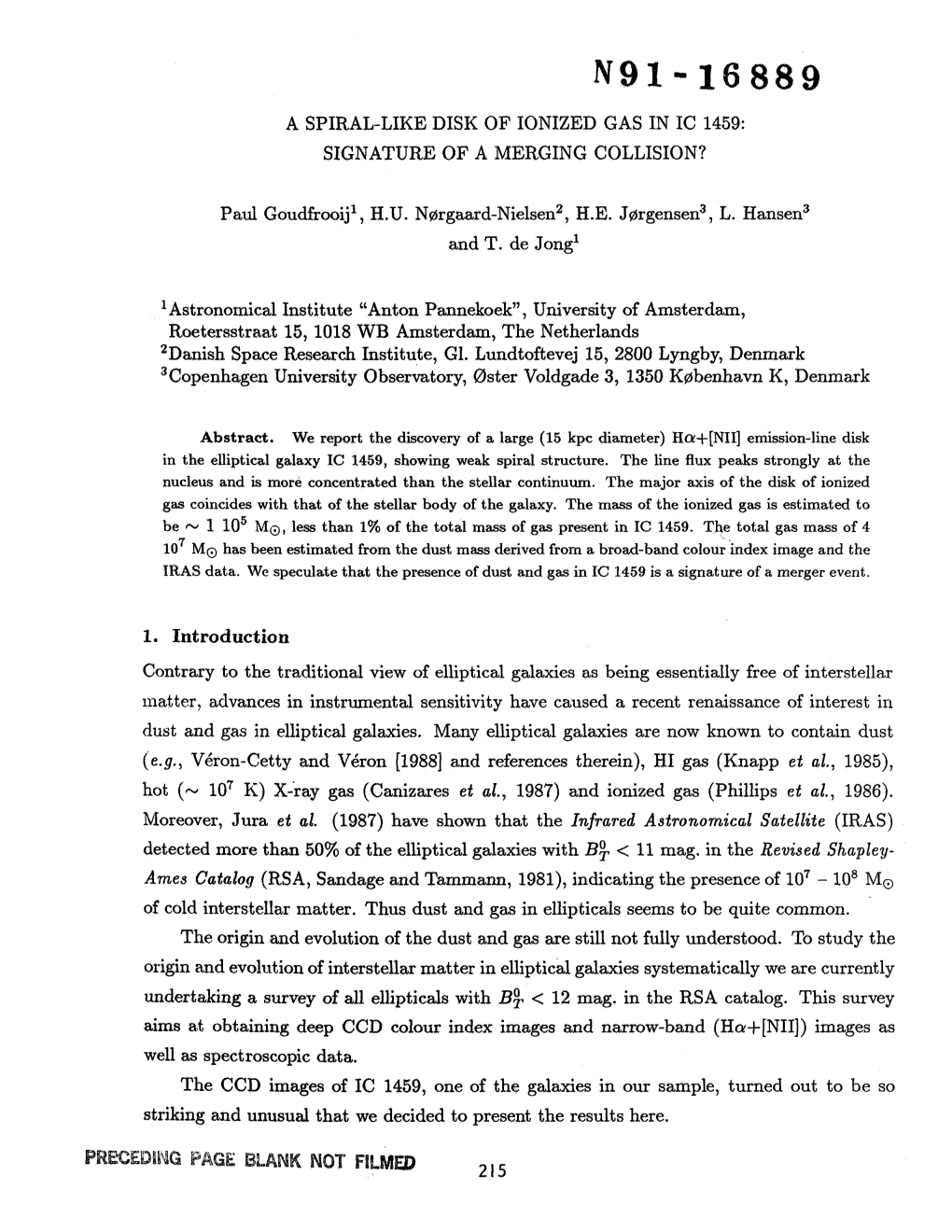 N91-1 9 a Spiral-Like Disk of Ionized Gas in Ic 1459: Signature of a Merging Collision?