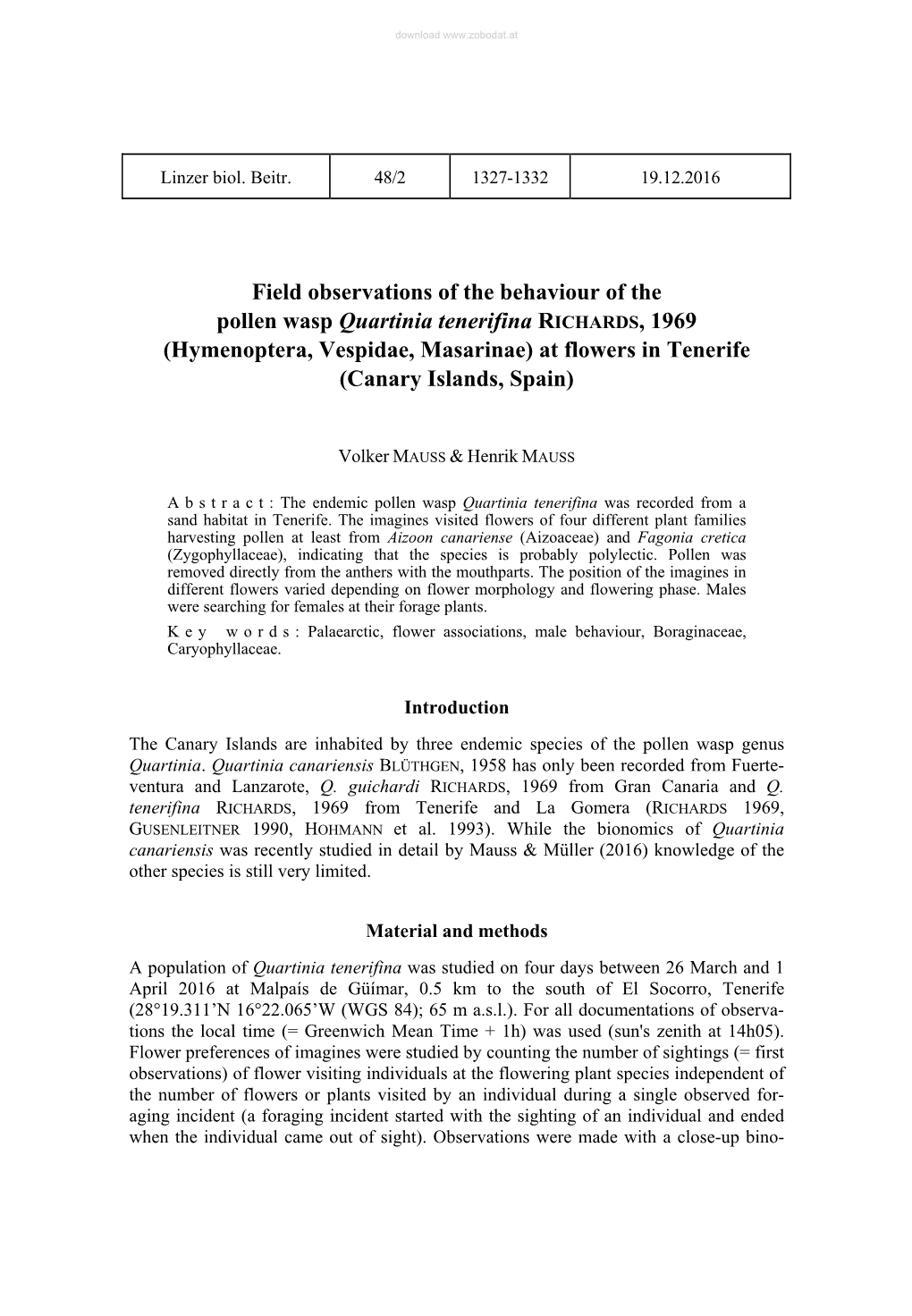 Field Observations of the Behaviour of the Pollen Wasp Quartinia