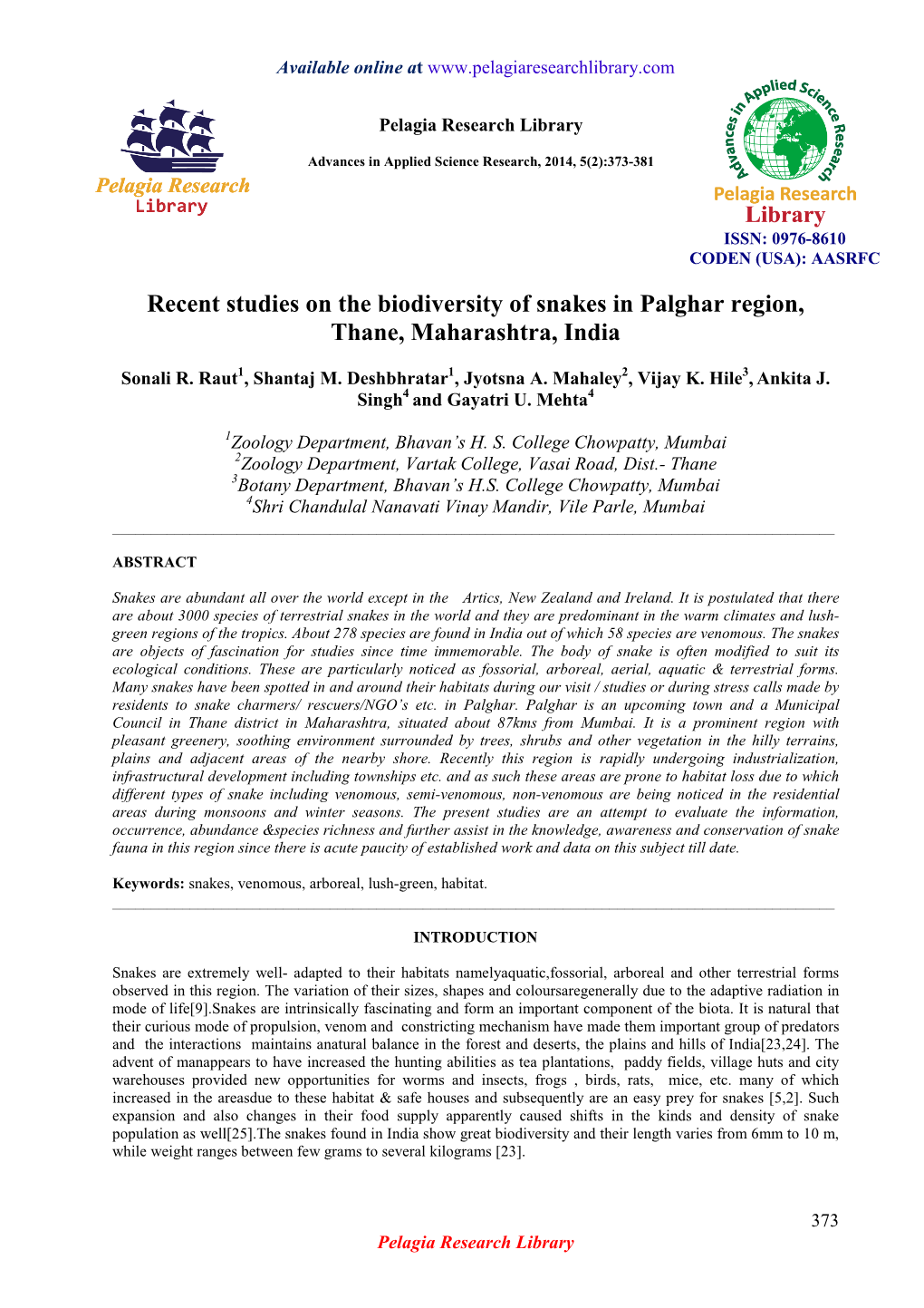 Recent Studies on the Biodiversity of Snakes in Palghar Region, Thane, Maharashtra, India