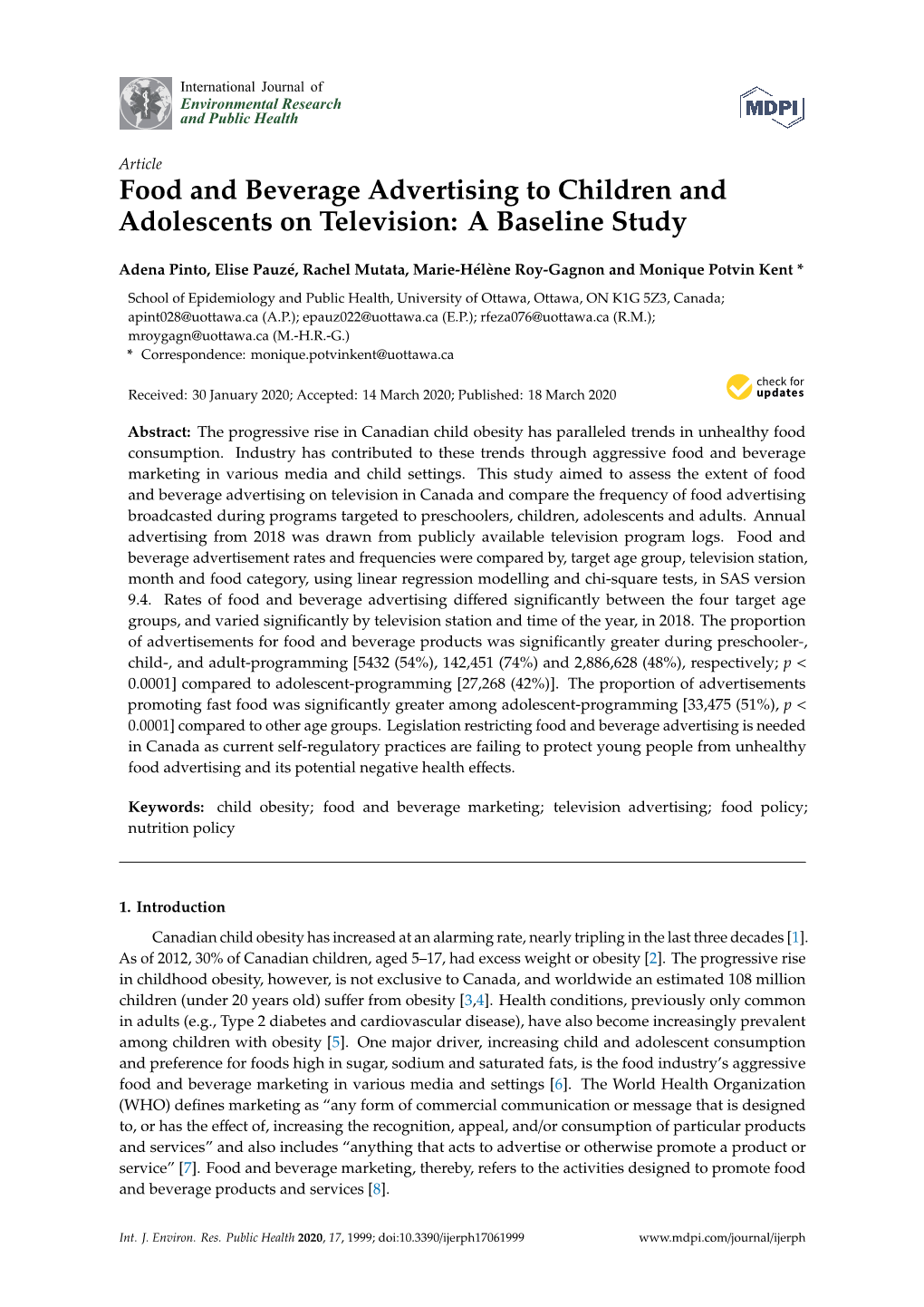 Food and Beverage Advertising to Children and Adolescents on Television: a Baseline Study