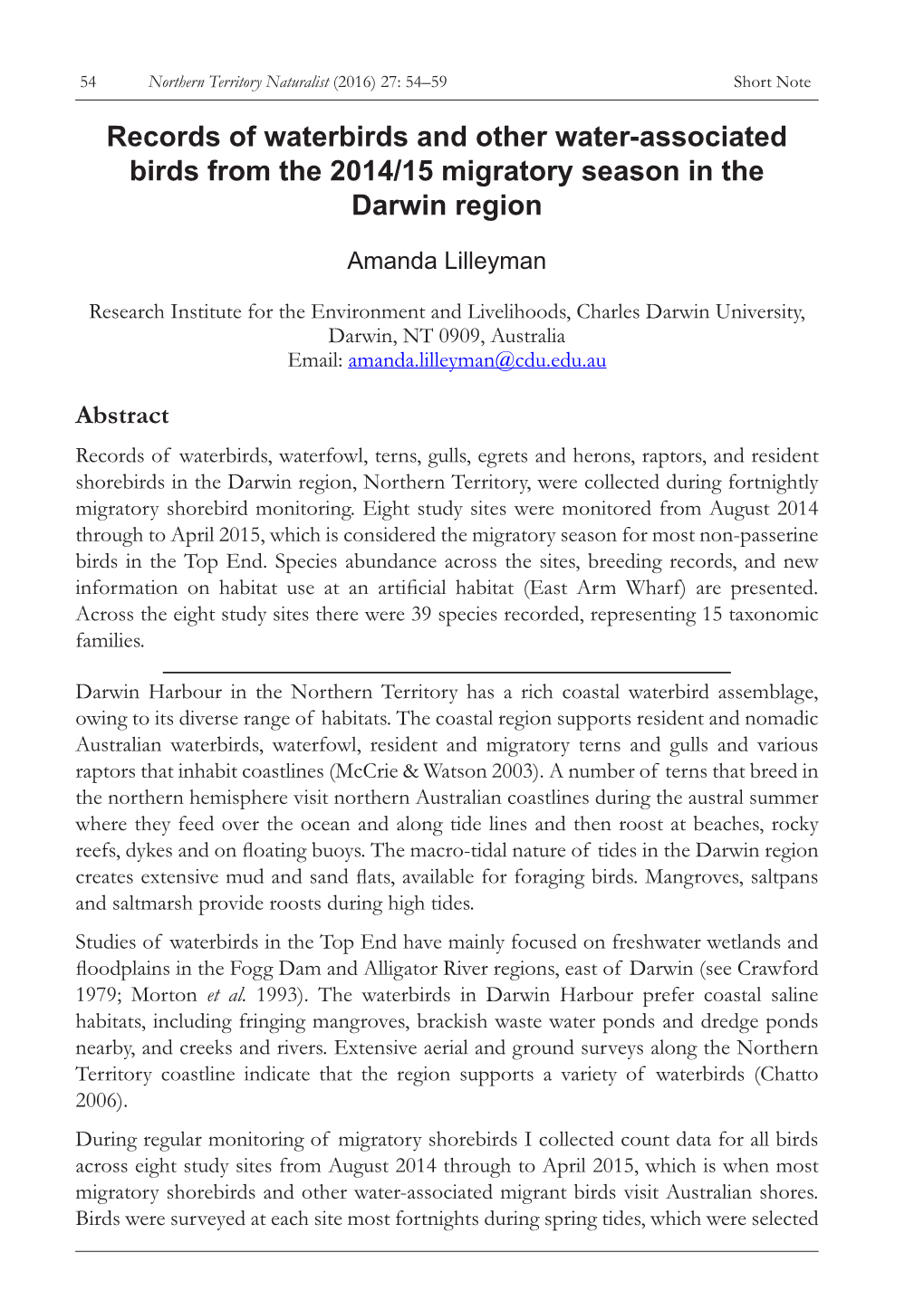 Records of Waterbirds and Other Water-Associated Birds from the 2014/15 Migratory Season in the Darwin Region