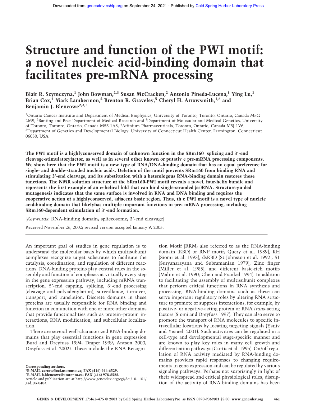 A Novel Nucleic Acid-Binding Domain That Facilitates Pre-Mrna Processing