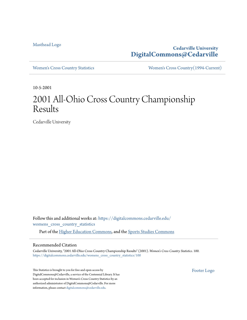 2001 All-Ohio Cross Country Championship Results Cedarville University