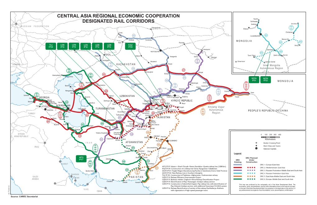 CENTRAL ASIA REGIONAL ECONOMIC COOPERATION Sukhbaatar DESIGNATED RAIL CORRIDORS Darkhan Ereentsav R U S S I a N F E D E R a T I O N Petropavlovsk 402 Erdenet 403