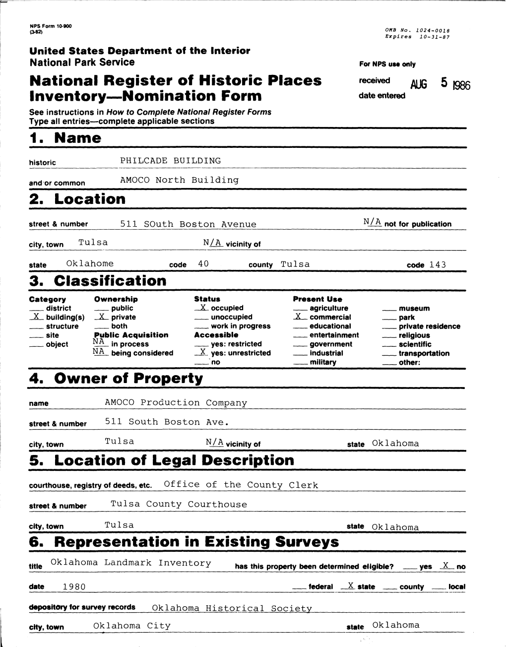 National Register of Historic Places Inventory Nomination Form 1. Name 2. Location 3. Classification 4. Owner of Property 5