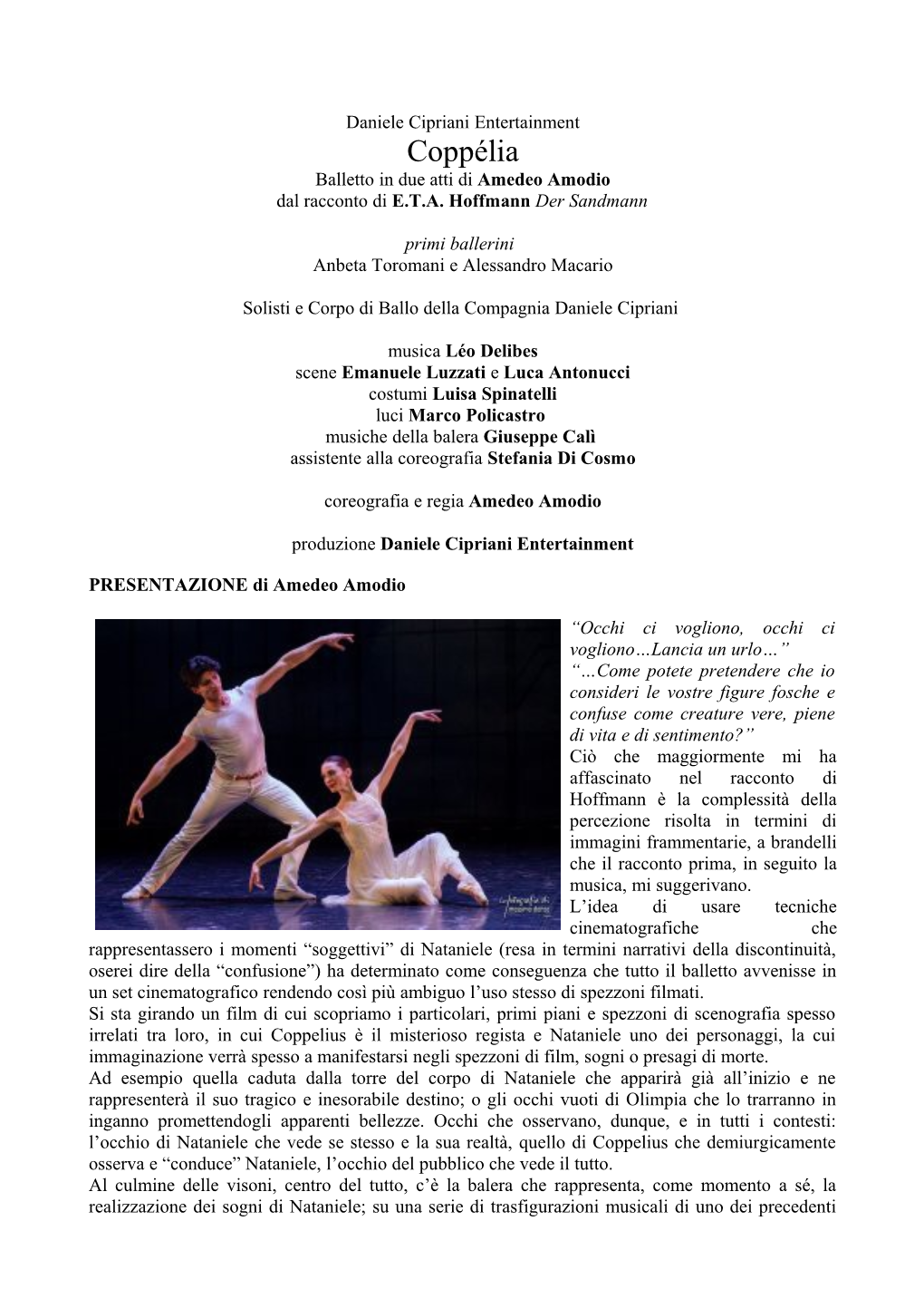 Coppélia Balletto in Due Atti Di Amedeo Amodio Dal Racconto Di E.T.A