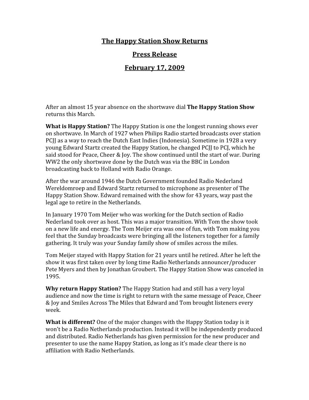 Happy Station Show Returns Press Release February 17, 2009