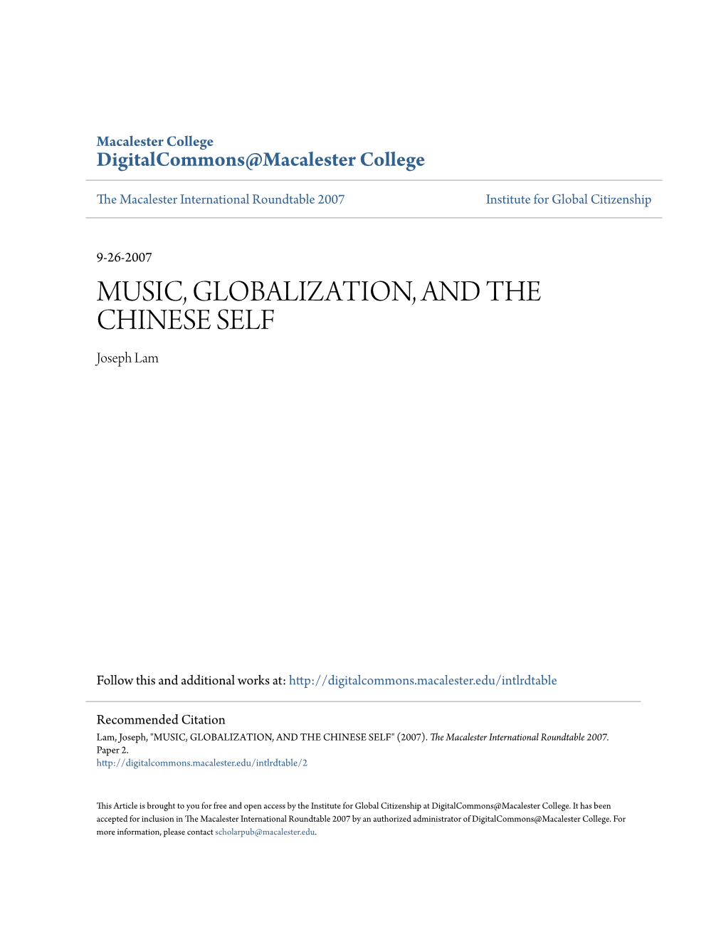 MUSIC, GLOBALIZATION, and the CHINESE SELF Joseph Lam