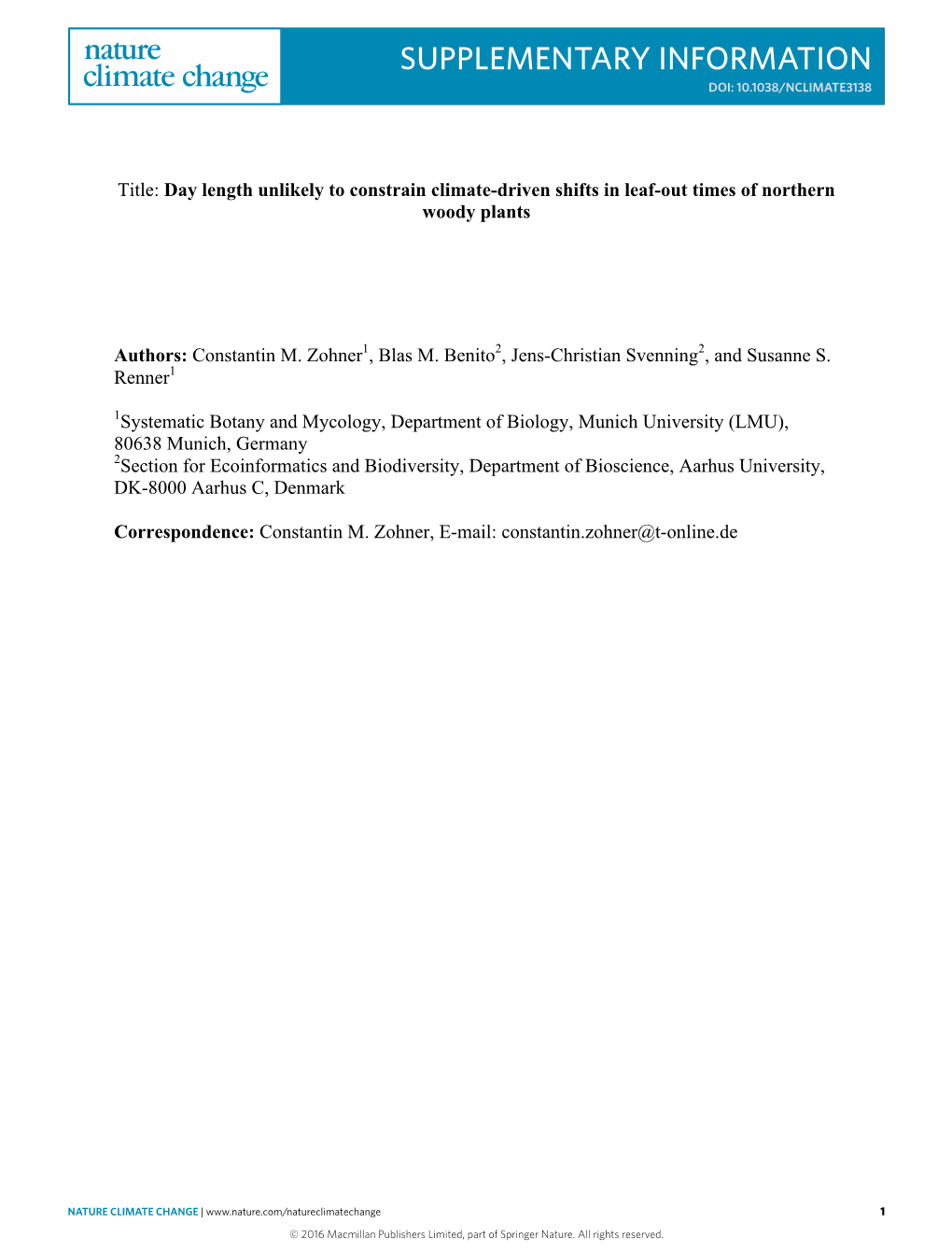 SUPPLEMENTARY INFORMATION Supplementary Figures and Tables DOI: 10.1038/NCLIMATE3138