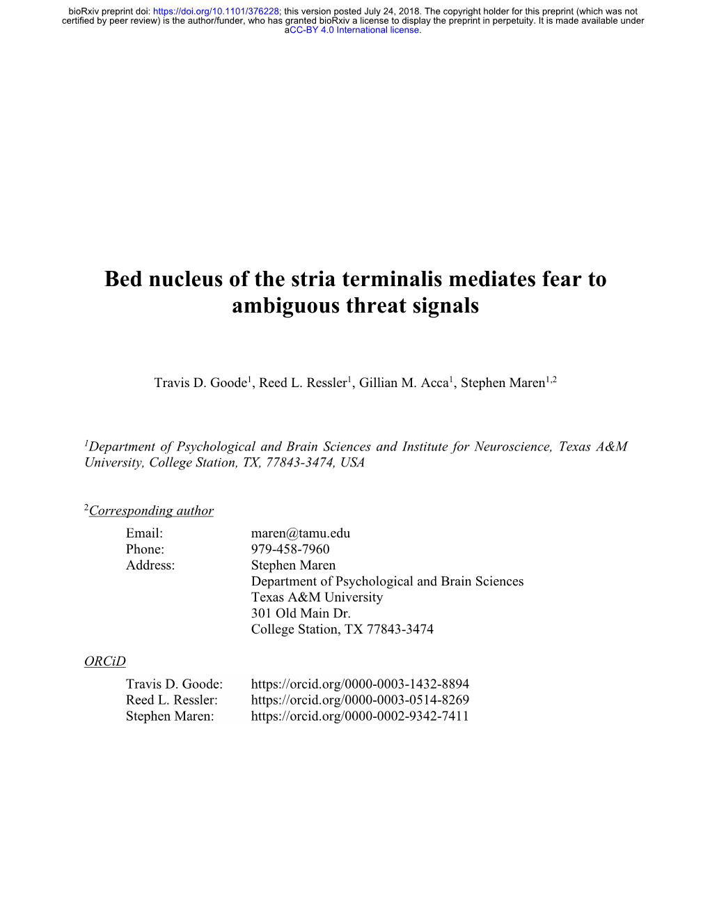 Bed Nucleus of the Stria Terminalis Mediates Fear to Ambiguous Threat Signals