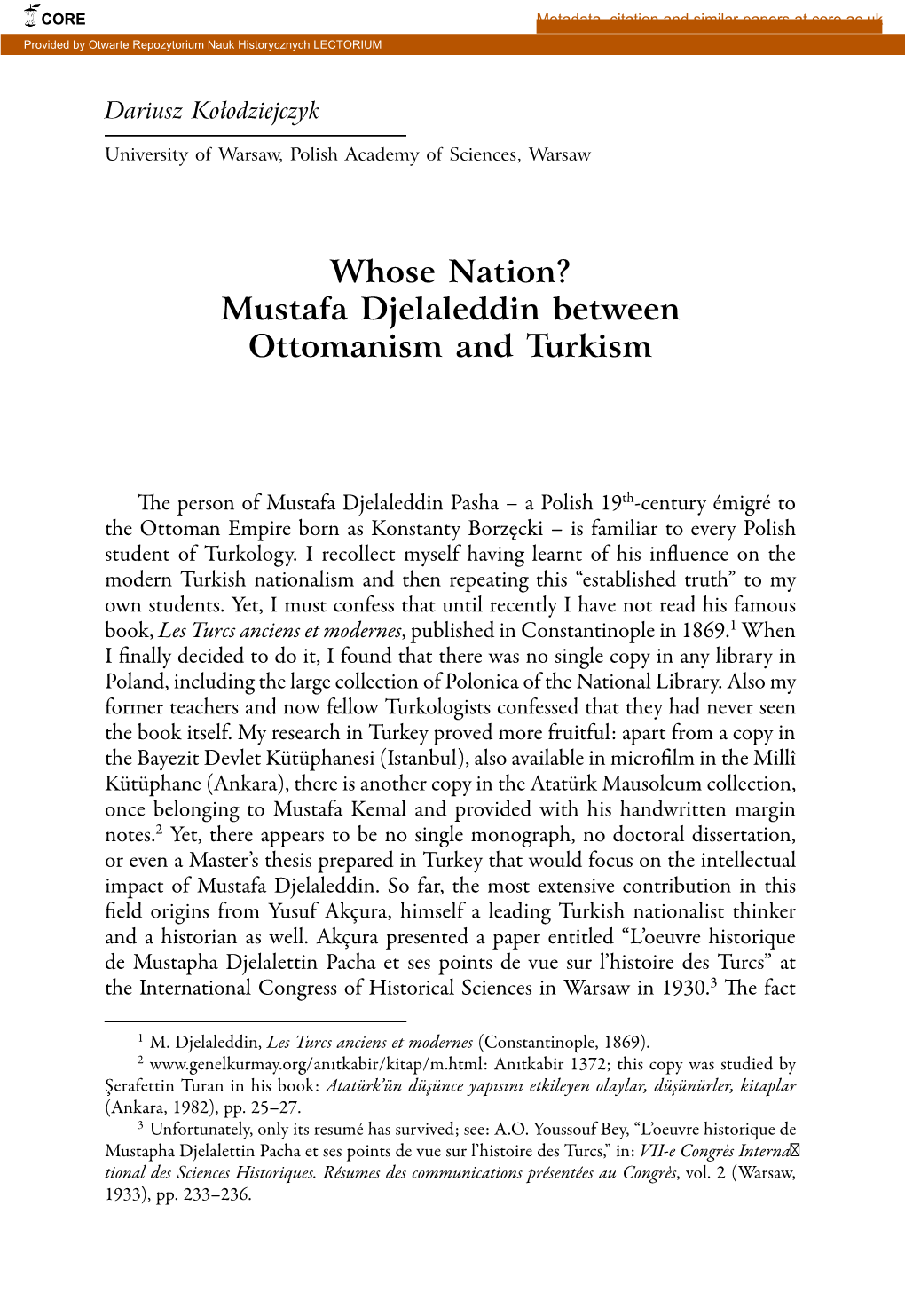 Whose Nation? Mustafa Djelaleddin Between Ottomanism and Turkism
