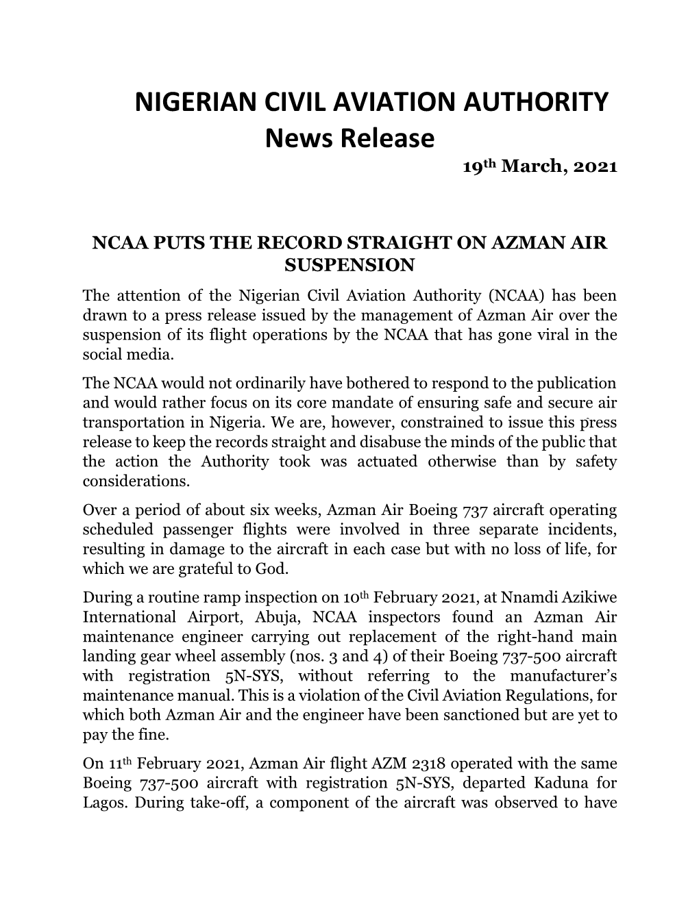 NIGERIAN CIVIL AVIATION AUTHORITY News Release 19Th March, 2021
