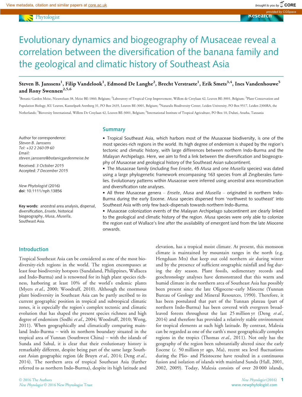 Evolutionary Dynamics and Biogeography of Musaceae Reveal