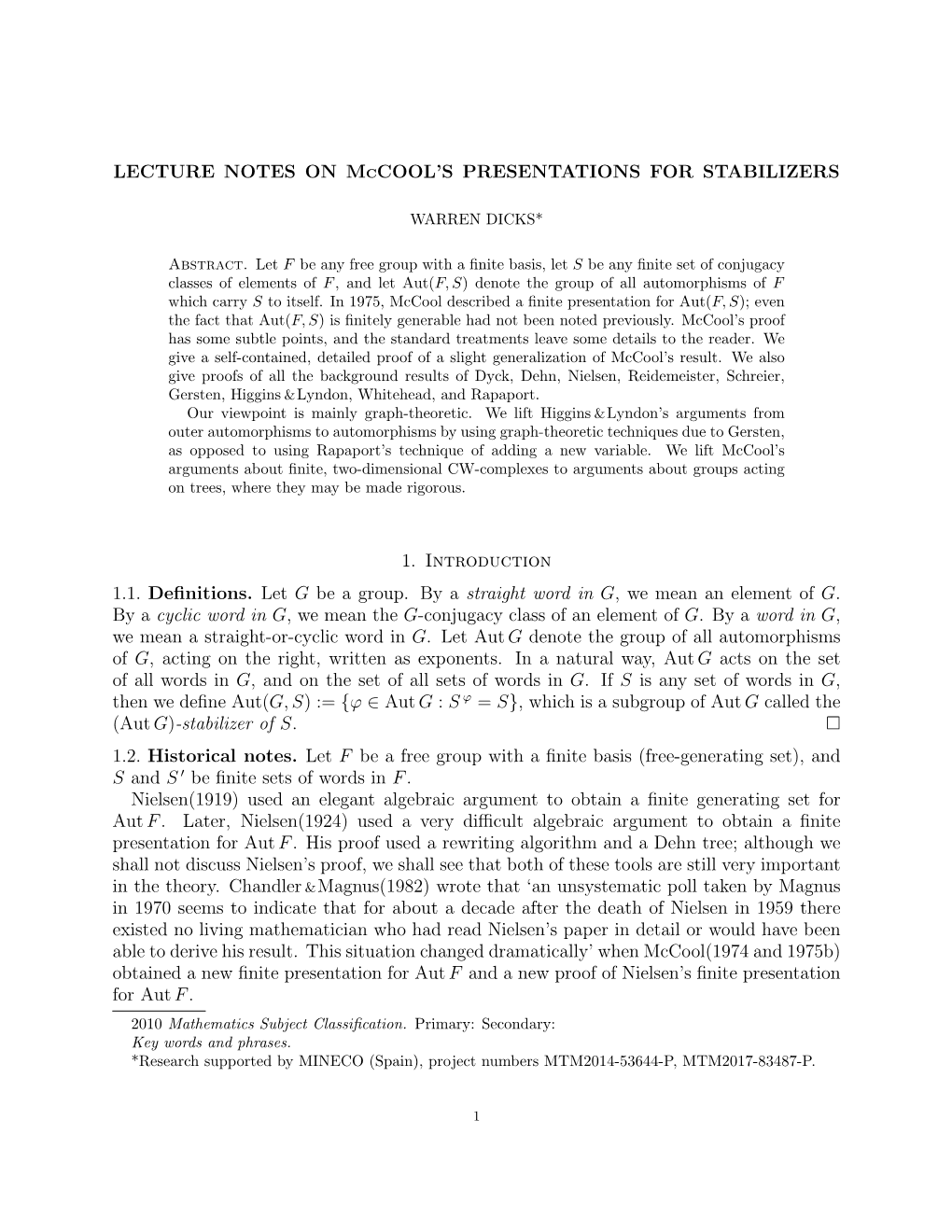 Lecture Notes on Mccool's Presentations for Stabilizers