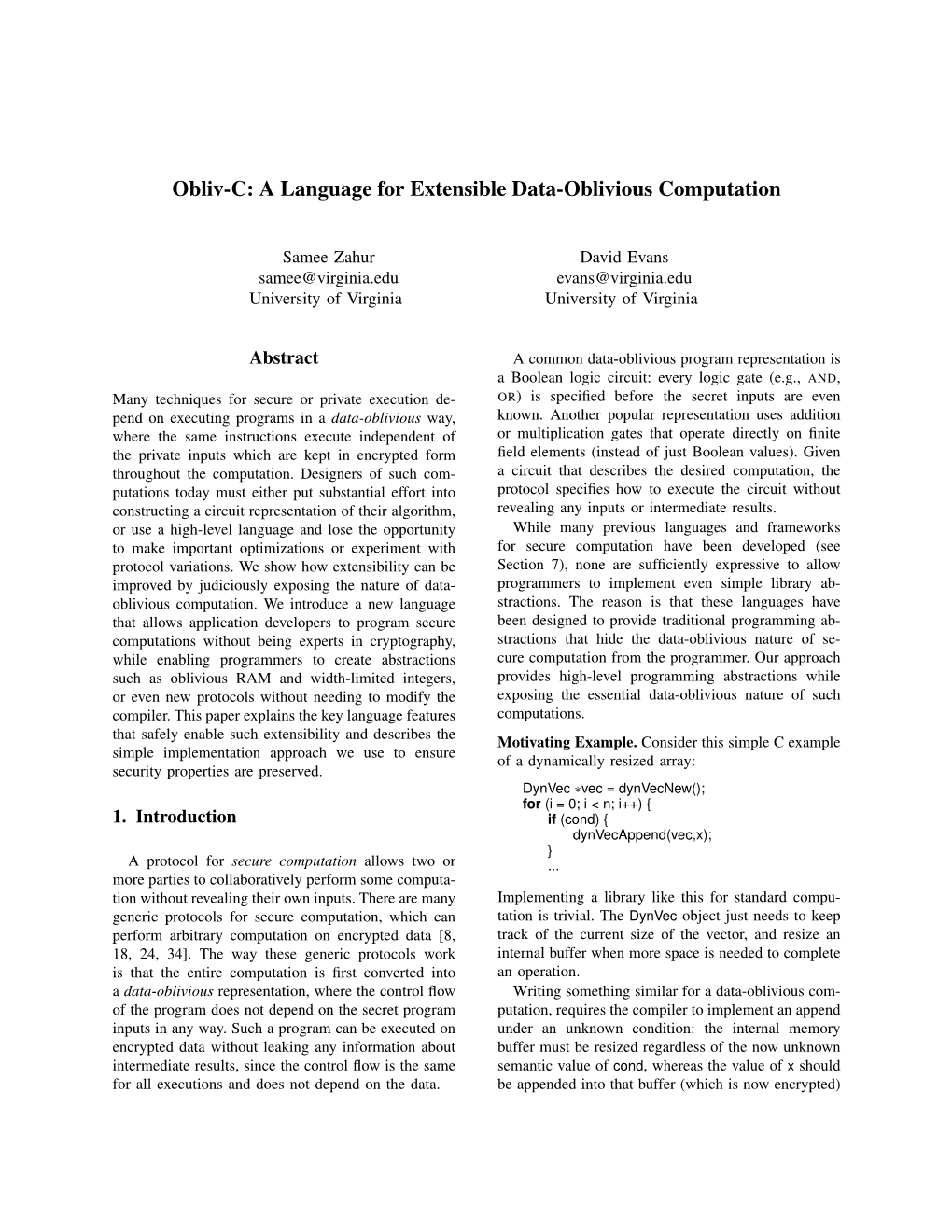 Obliv-C: a Language for Extensible Data-Oblivious Computation