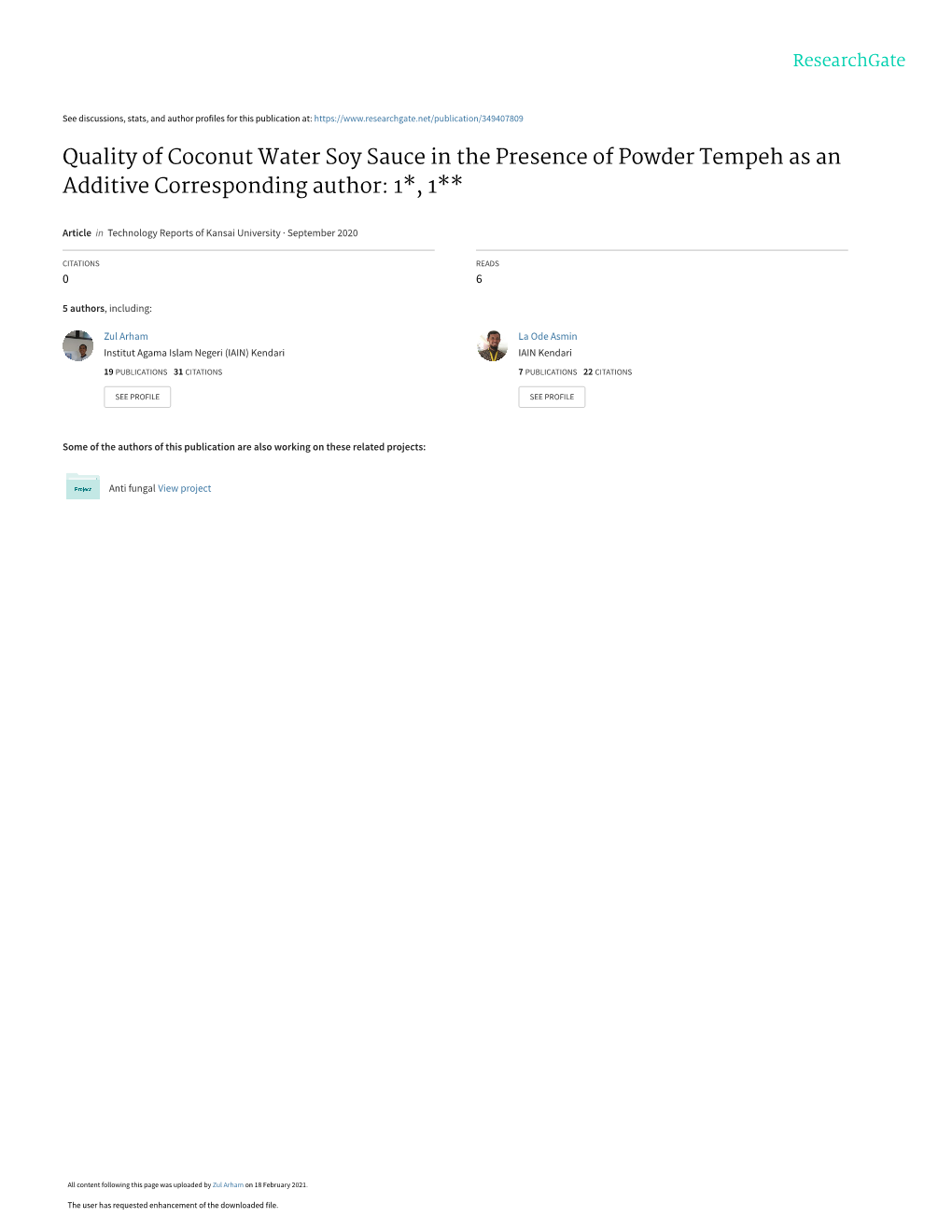 Quality of Coconut Water Soy Sauce in the Presence of Powder Tempeh As an Additive Corresponding Author: 1*, 1**