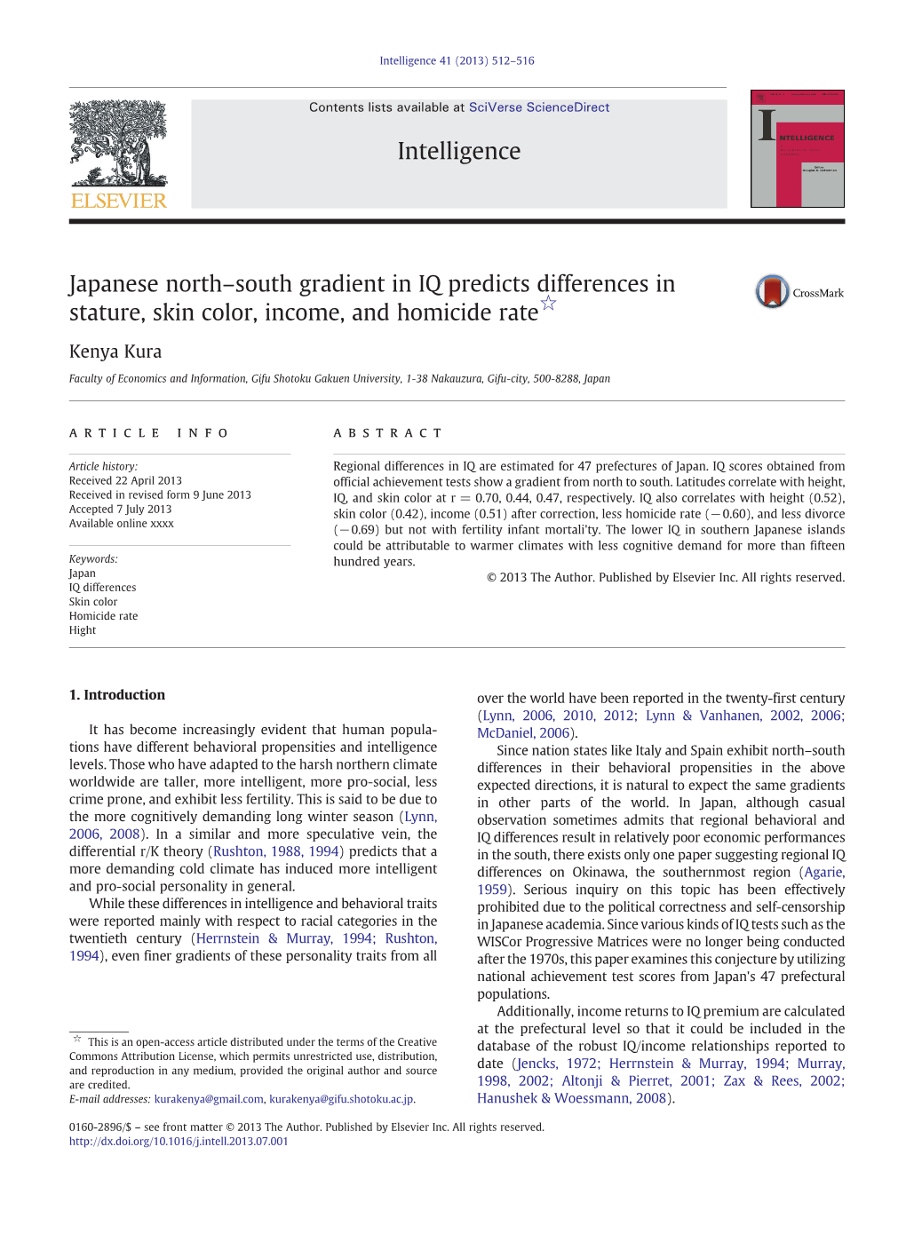 Japanese North–South Gradient in IQ Predicts Differences in Stature, Skin Color, Income, and Homicide Rate☆