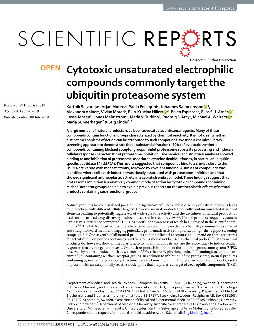 Cytotoxic Unsaturated Electrophilic Compounds Commonly Target The