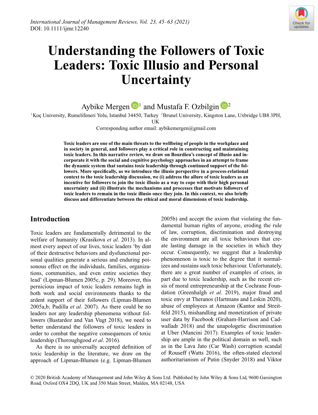 Understanding the Followers of Toxic Leaders: Toxic Illusio and Personal Uncertainty