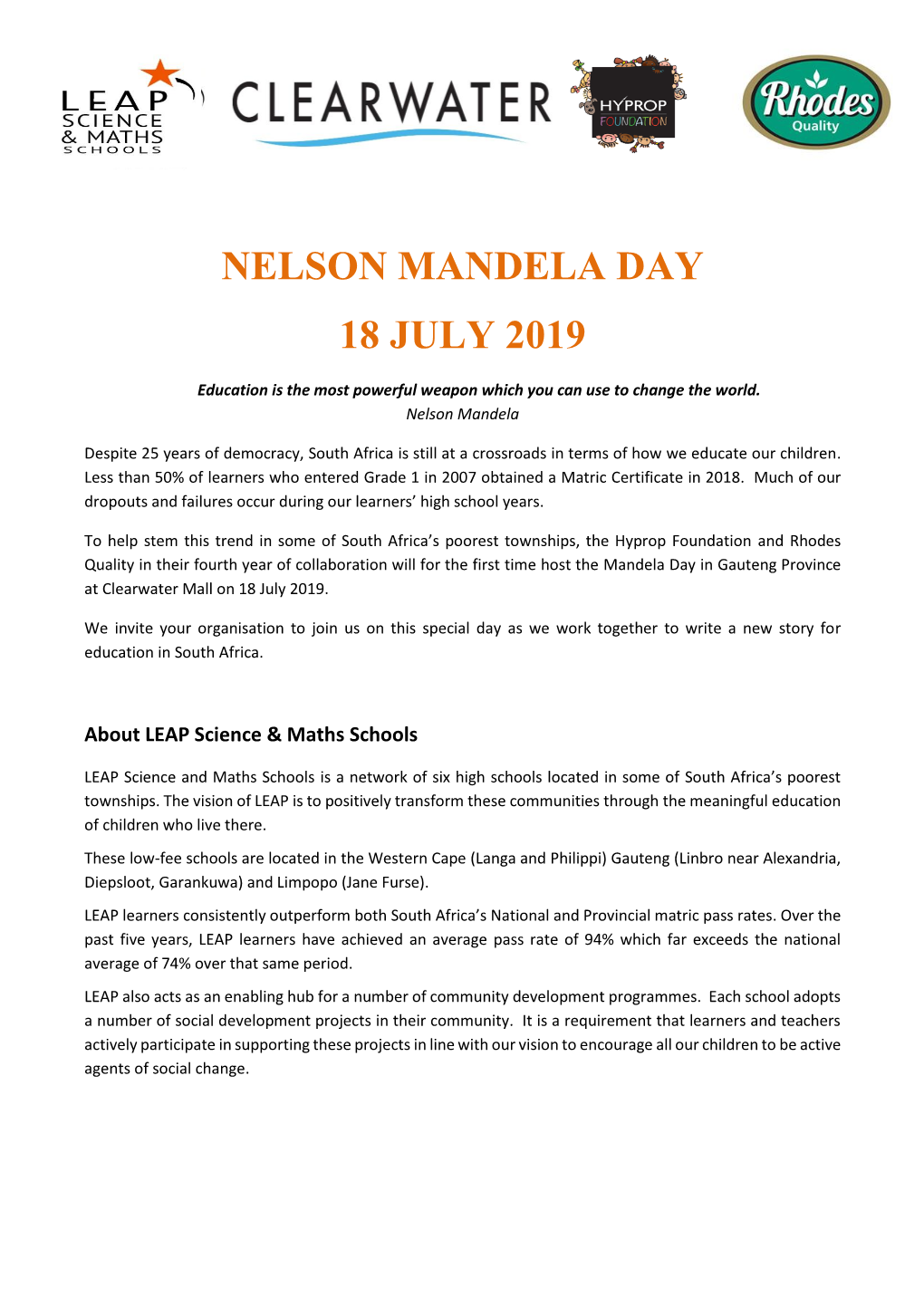 Nelson Mandela Day 18 July 2019