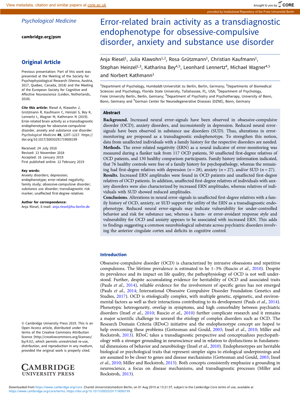 Error-Related Brain Activity As a Transdiagnostic Endophenotype for Obsessive-Compulsive Cambridge.Org/Psm Disorder, Anxiety and Substance Use Disorder