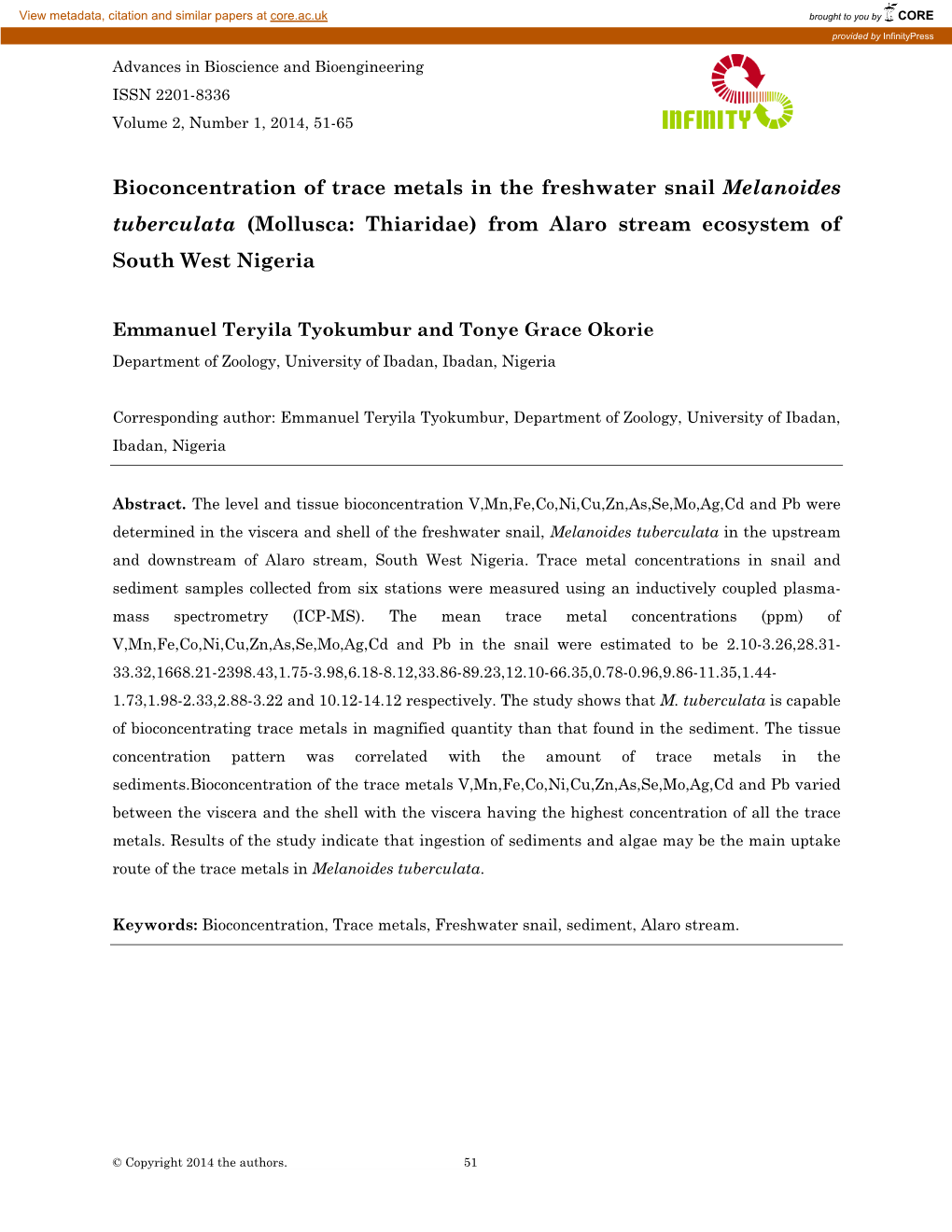 Bioconcentration of Trace Metals in the Freshwater Snail Melanoides Tuberculata (Mollusca: Thiaridae) from Alaro Stream Ecosystem of South West Nigeria