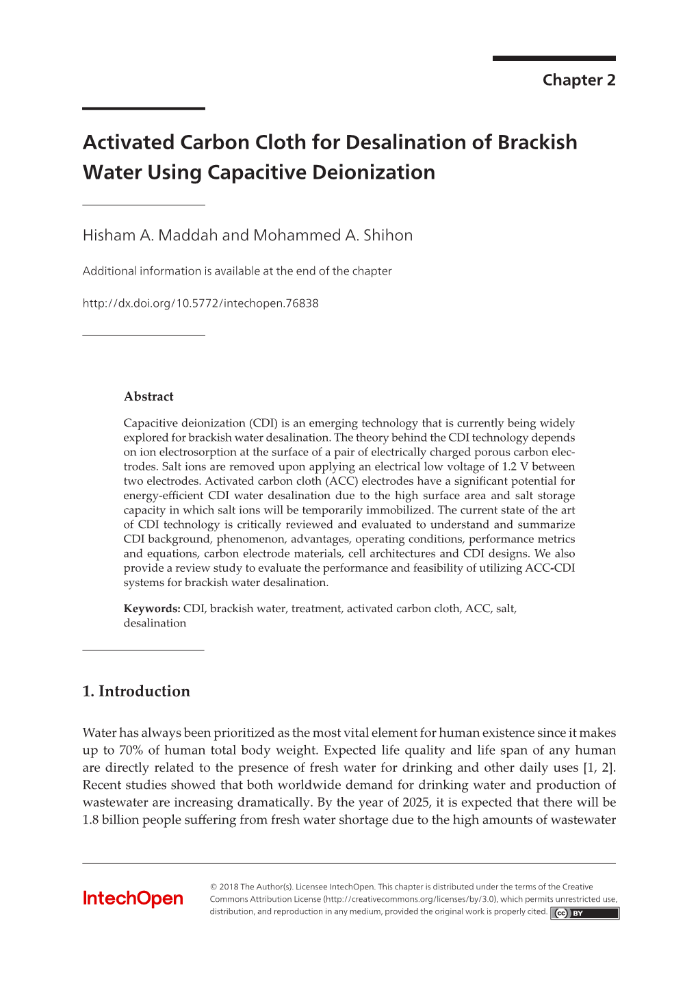 Activated Carbon Cloth for Desalination of Brackish Water Using Capacitive Deionization