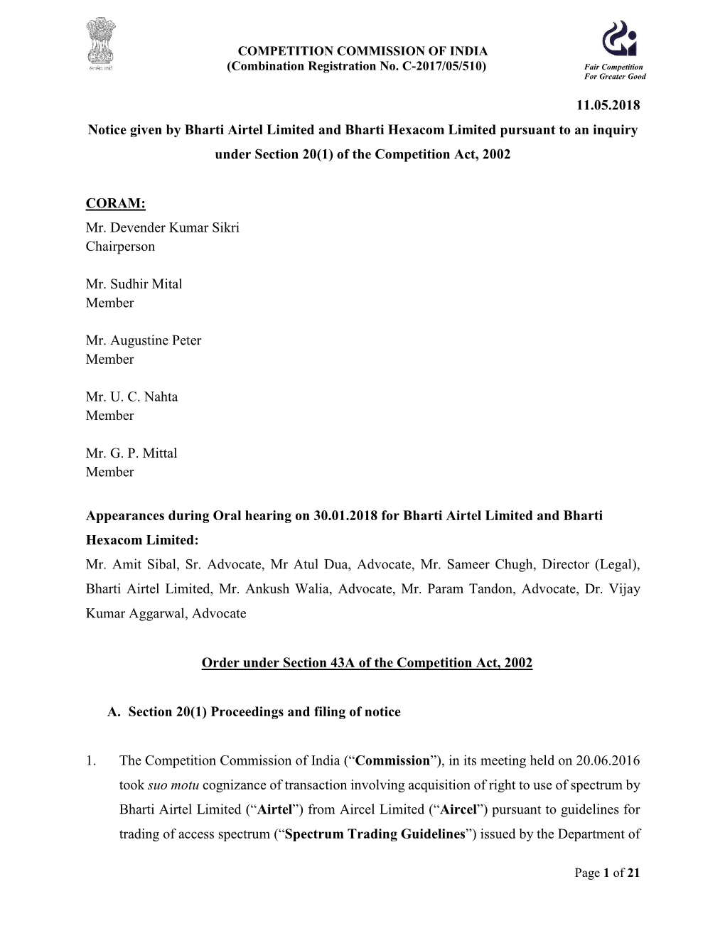 11.05.2018 Notice Given by Bharti Airtel Limited and Bharti Hexacom Limited Pursuant to an Inquiry Under Section 20(1) of the Competition Act, 2002
