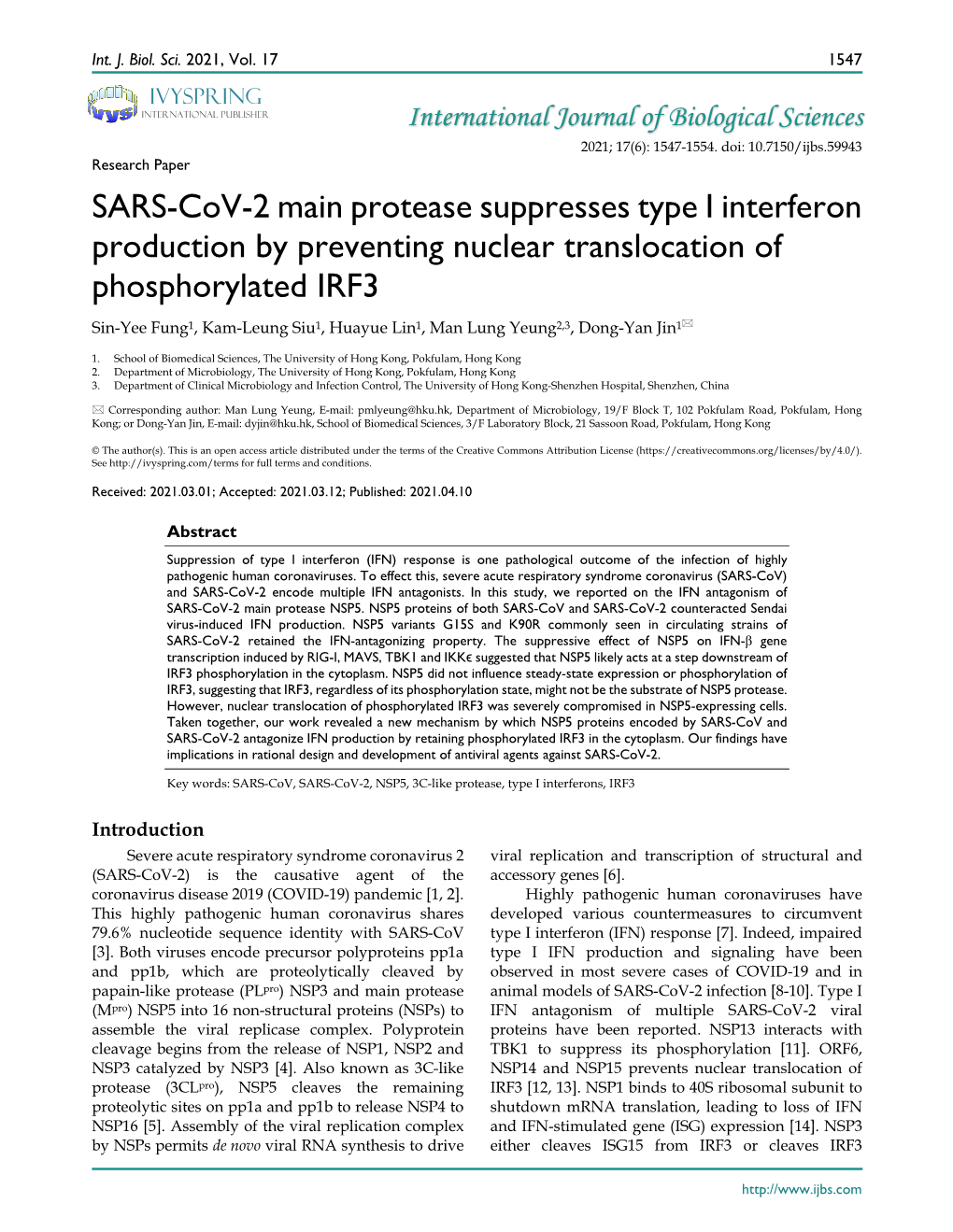 SARS-Cov-2 Main Protease Suppresses Type I Interferon Production by Preventing Nuclear Translocation of Phosphorylated IRF3