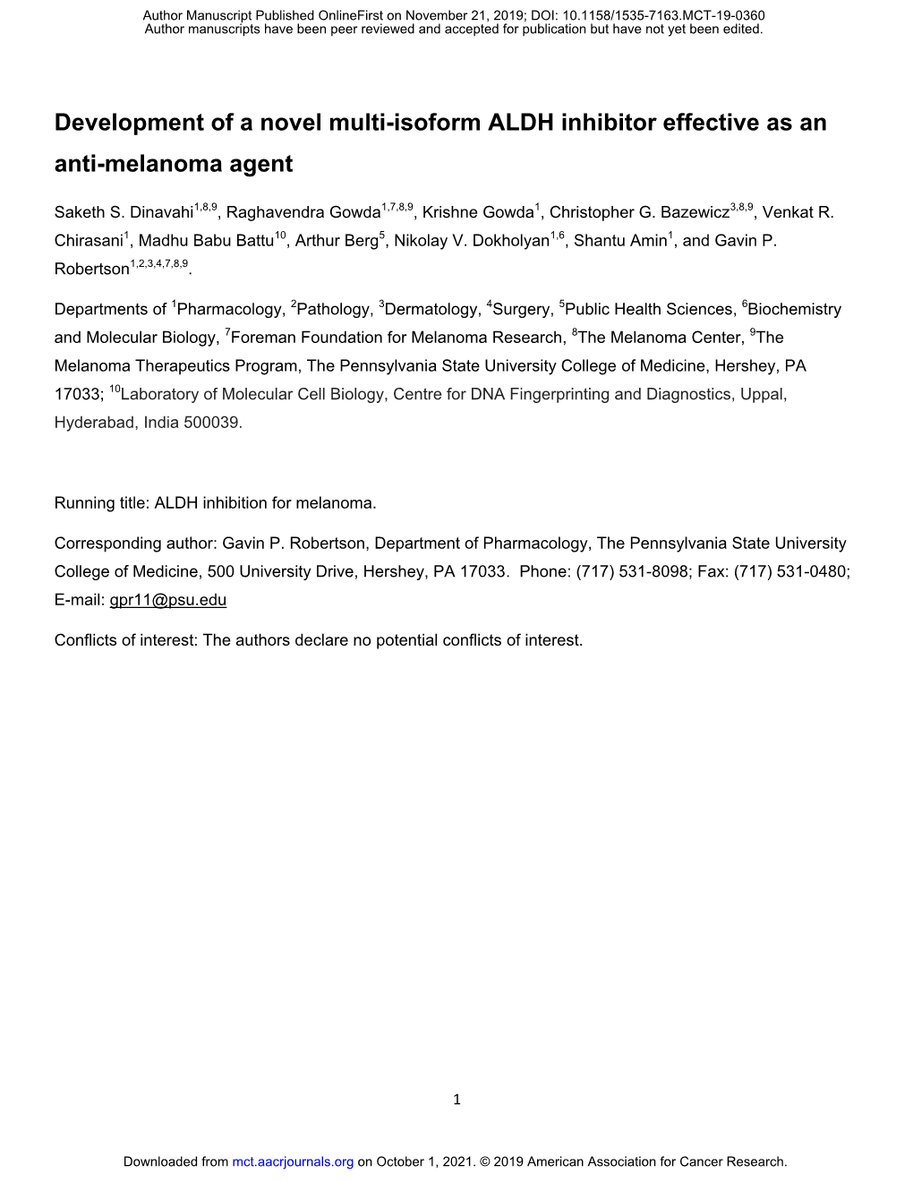 Development of a Novel Multi-Isoform ALDH Inhibitor Effective As an Anti-Melanoma Agent