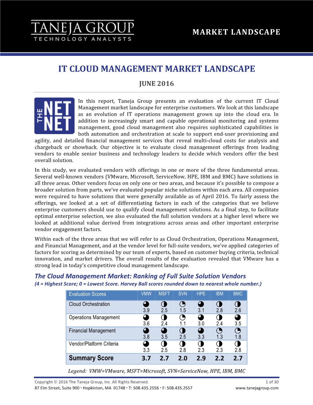 Taneja Group Presents an Evaluation of the Current IT Cloud Management Market Landscape for Enterprise Customers