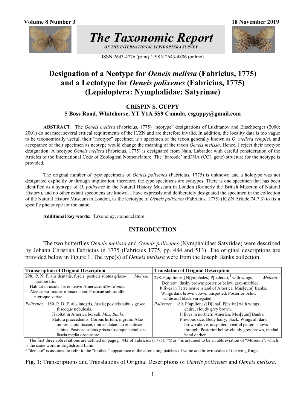 Designation of a Neotype for Oeneis Melissa (Fabricius, 1775) and a Lectotype for Oeneis Polixenes (Fabricius, 1775) (Lepidoptera: Nymphalidae: Satyrinae)