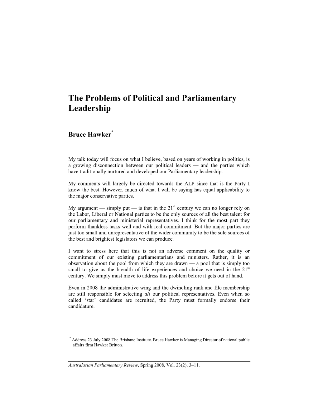 The Problems of Political and Parliamentary Leadership