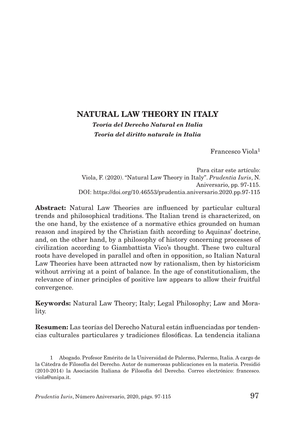 NATURAL LAW THEORY in ITALY Teoría Del Derecho Natural En Italia Teoria Del Diritto Naturale in Italia