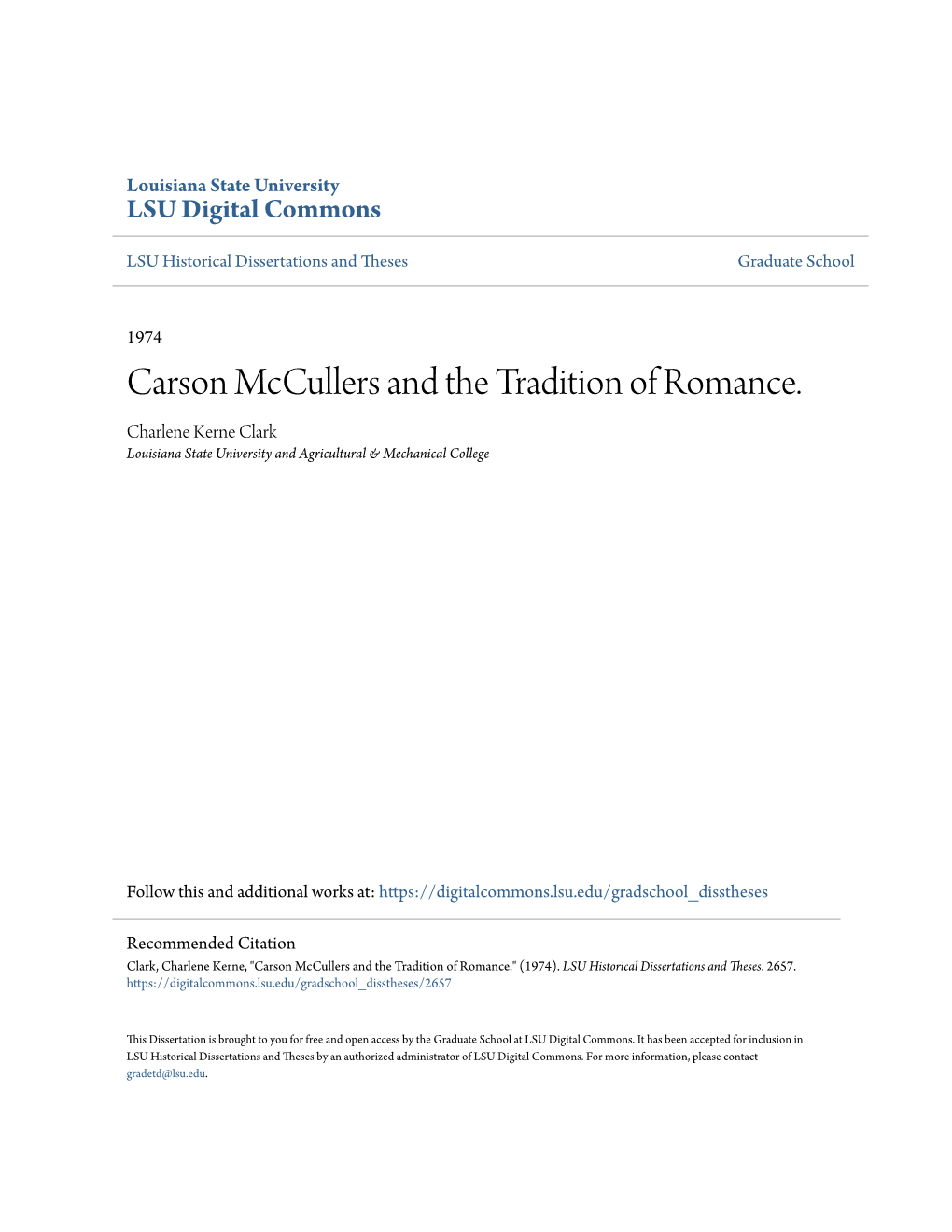 Carson Mccullers and the Tradition of Romance. Charlene Kerne Clark Louisiana State University and Agricultural & Mechanical College