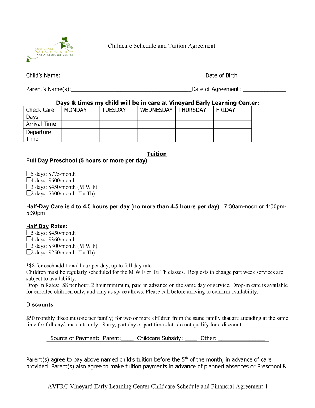 Childcare Schedule & Financial Agreement