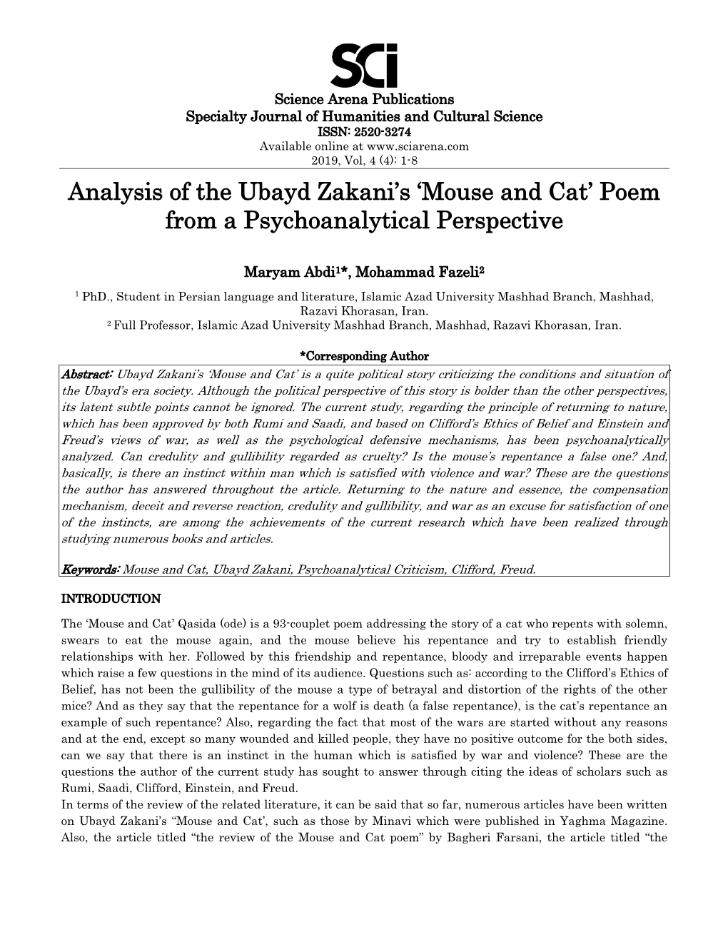 Analysis of the Ubayd Zakani's 'Mouse and Cat' Poem from A